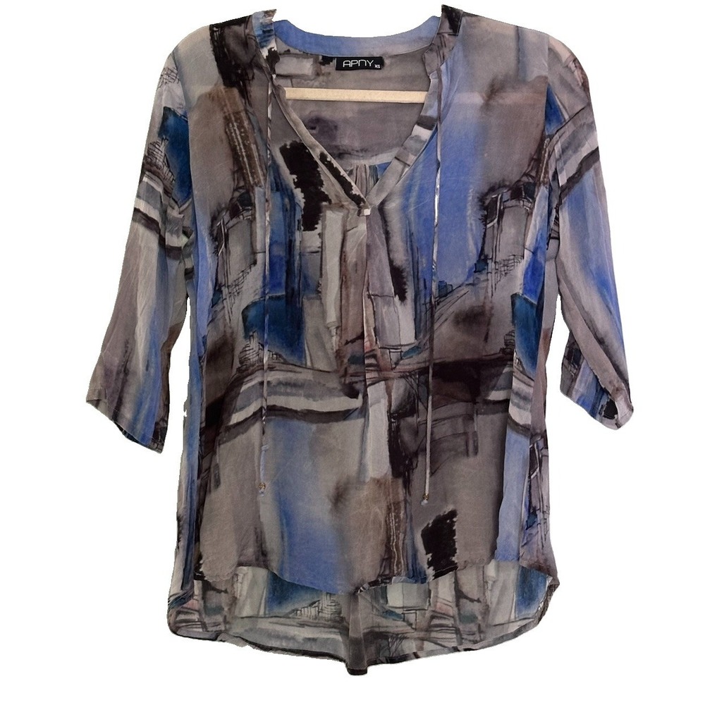 APNY Blouse Abstract Watercolor Cupro Viscose Blue Gray Sz XS Artsy Modern Boho